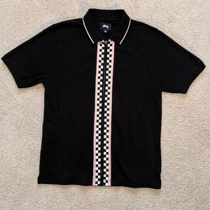 STÜSSY black zip polo with b/w checker print